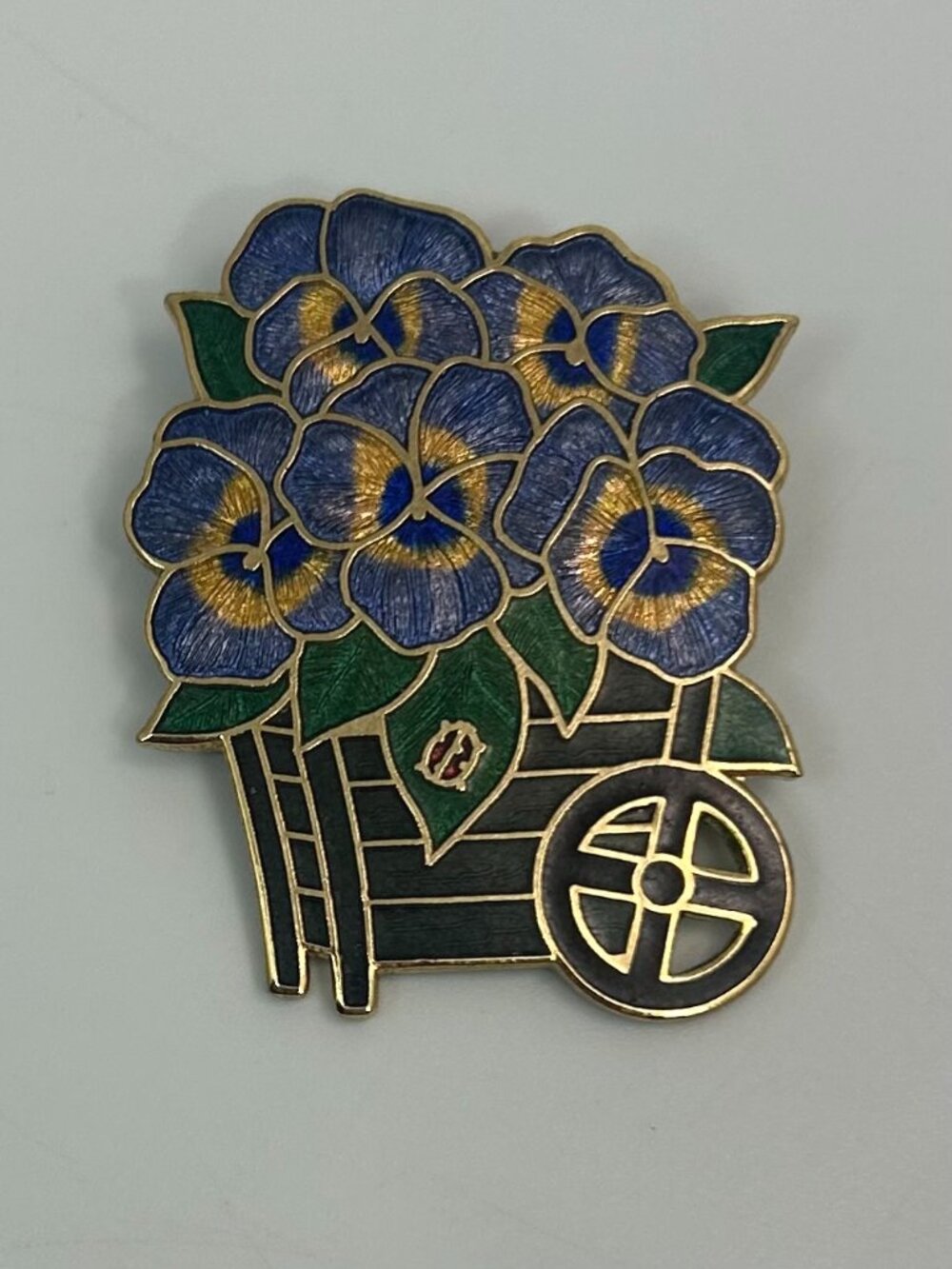 Vintage Fish and Crown Brand Pansy Flower Cart Cloisonne Enamel Pin Taiwan